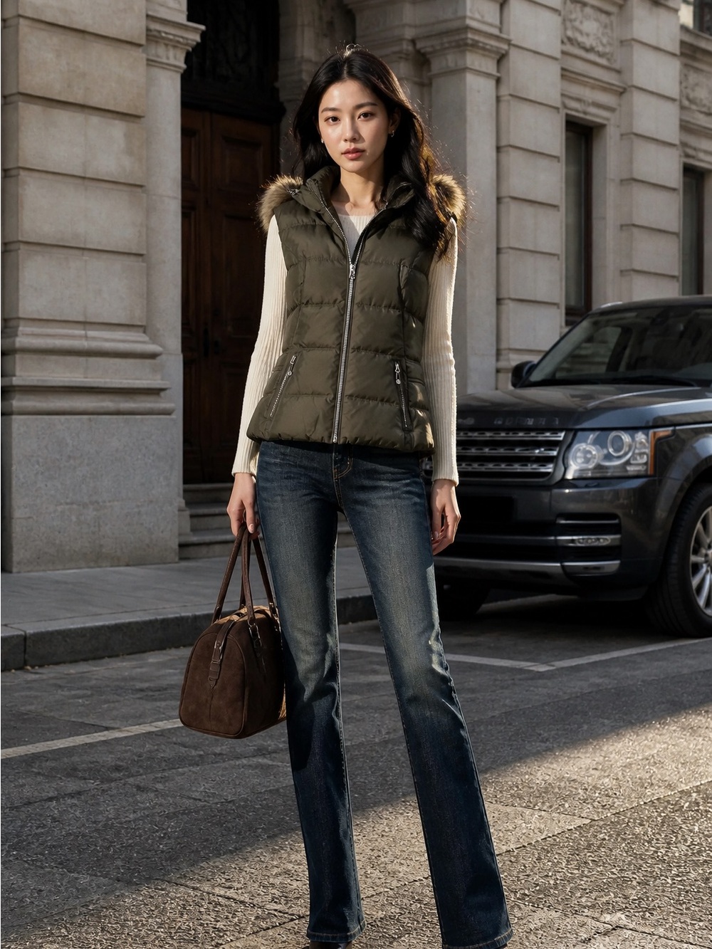 Eddie Bauer Goose Down Full Zip Women M Puffer Vest Faux Fur Trim Hooded Jacket